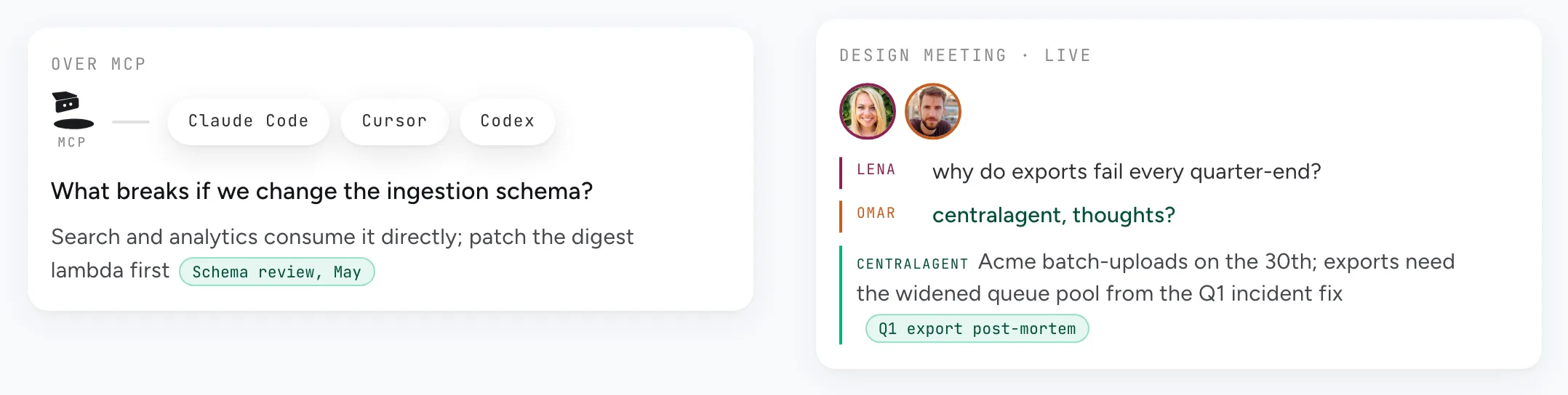 Story card: a teammate’s question in a meeting and an agent’s question over MCP, each answered with a citation you can open.